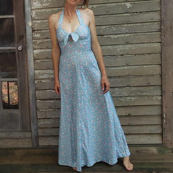 VTG Handmade Ditsy Floral Halter Maxi Pin up Dress - Picture 3 of 10